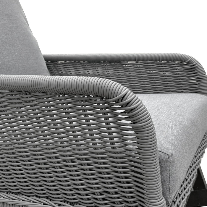 Modern 3 Piece Outdoor Seating Set With Cushioned Rattan Rocking Chairs And Wooden Accent Table