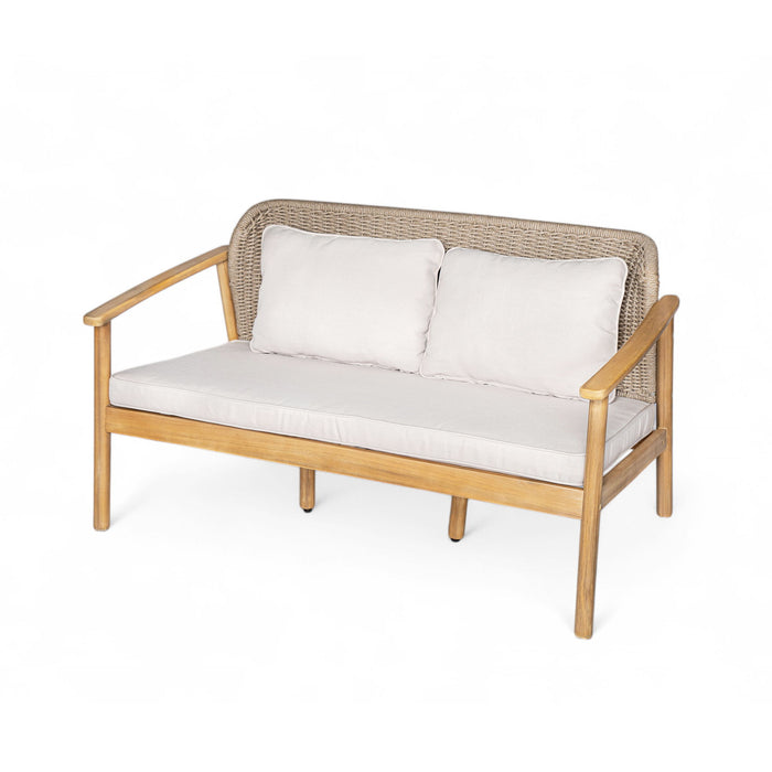 2 Piece Outdoor Acacia Wood Conversation Set, Woven Rope Backrest Patio Seating Group, Woven Rope With Coffee Table For Porch - Light Teak / Beige