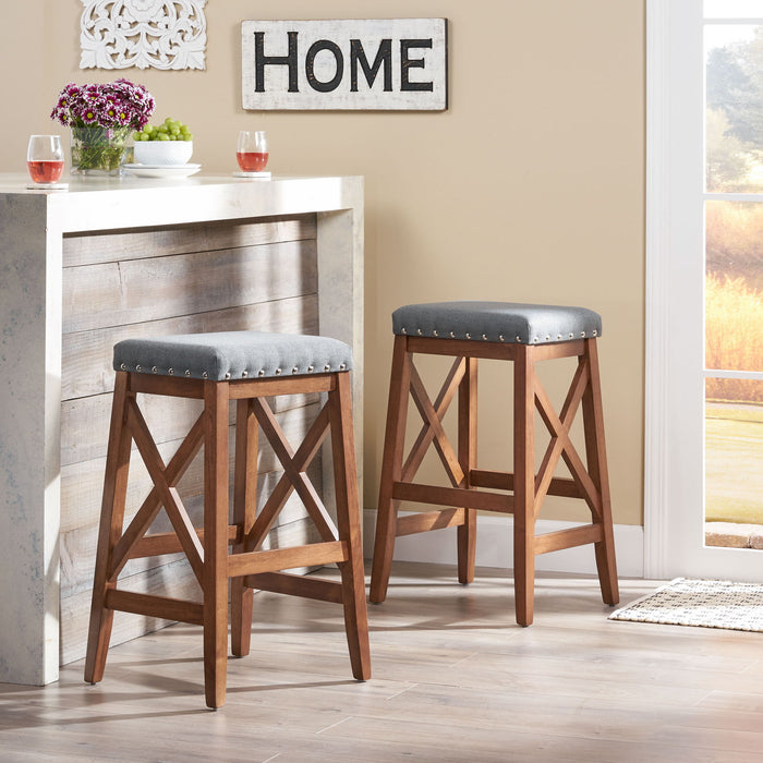 Upholstered Bar Stool With Nailhead Trim And X Frame Design (Set of 2) - Charcoal