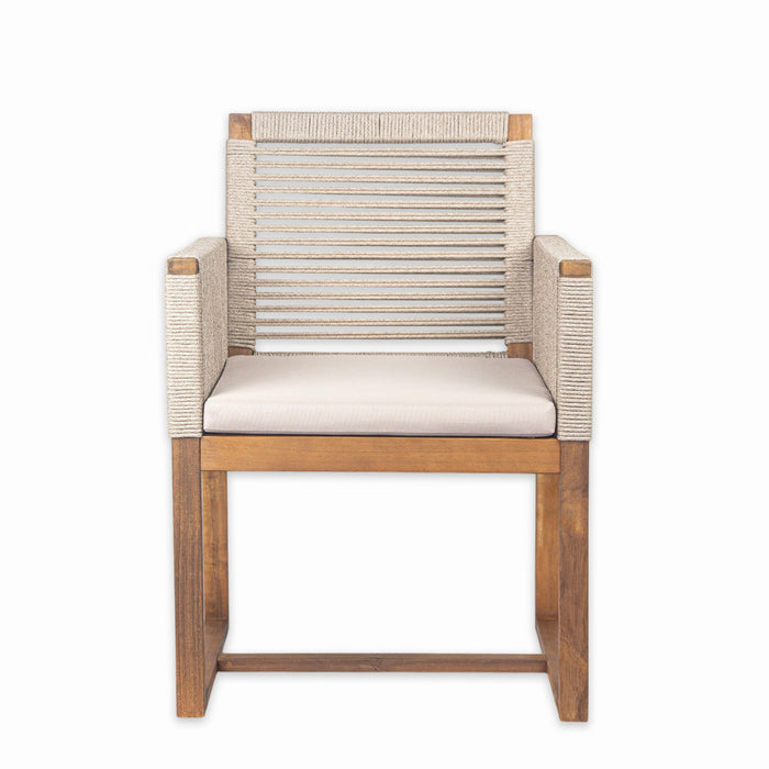 Acacia Wood Outdoor Dining Chairs (Set of 2) With Rope Design Back And Arms, Washable Cushion - Light Brown