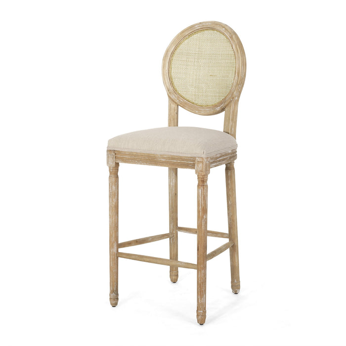 Country Chic Bar Stools (Set of 2) With Rattan Backrest And Upholstered Seat - Beige / Natural