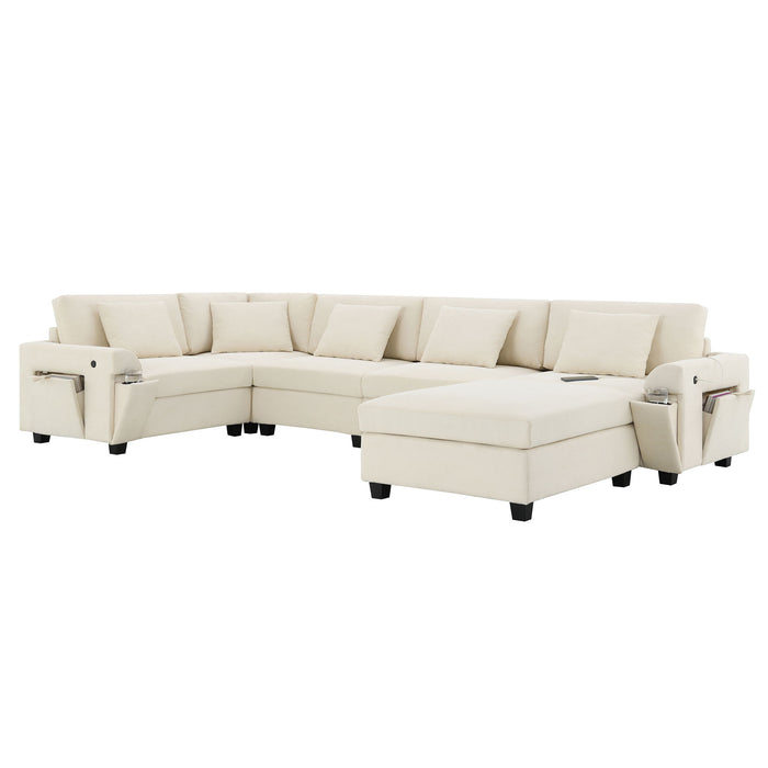 U Shaped Sectional Sofa 6 Seat Couch Set With Oversized Ottoman, Hidden Armrest Storage And Cup Holders USB Charging Ports Wide Seat Sofa