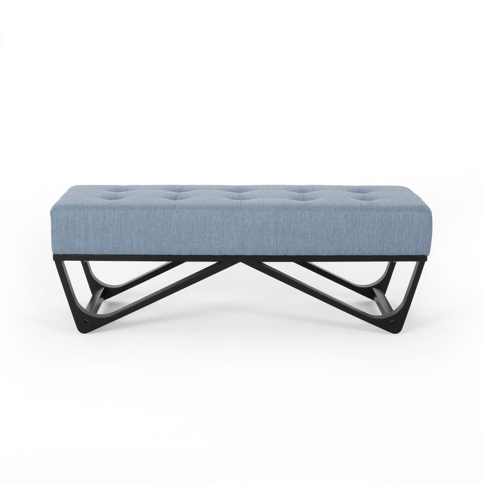 Upholstered Ottoman With Button Tufted Waffle Stitch And Black Geometric Legs - Light Blue