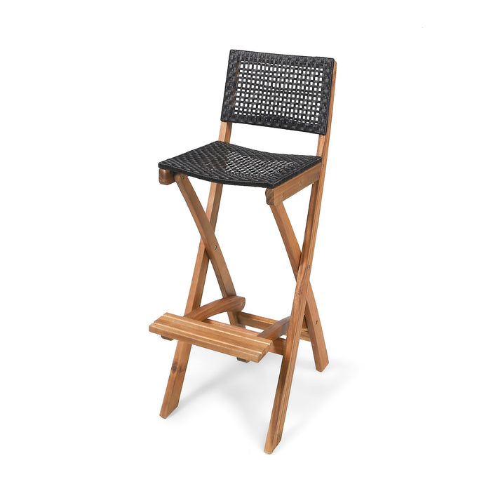Outdoor Folding Acacia Wood Barstools With Rattan Backrest And Seat