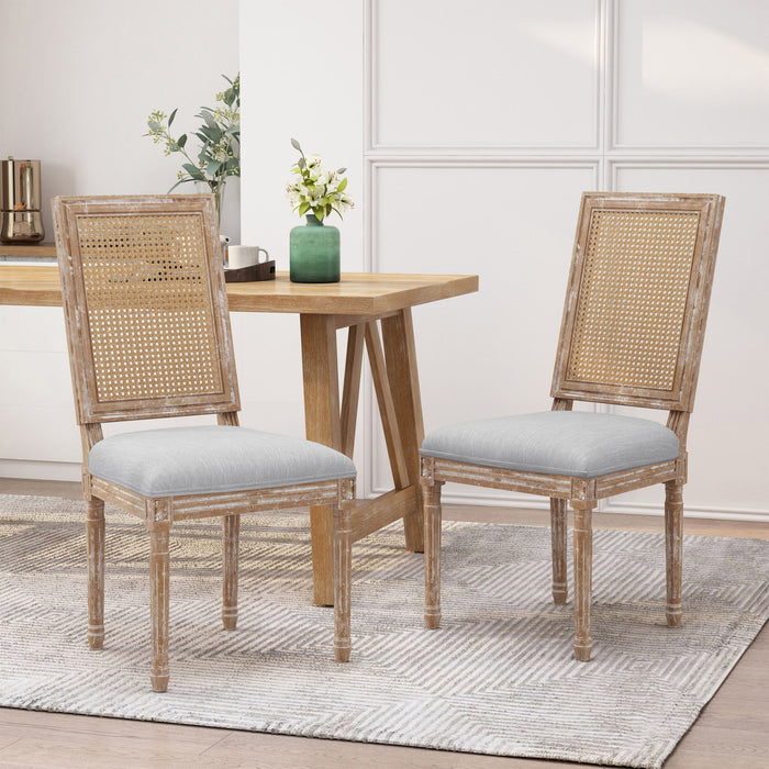 French Country Dining Chair With Rectangular Cane Backrest And Smooth Upholstered Seating