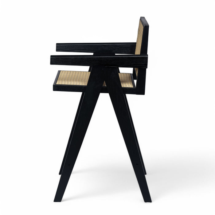 Modern Minimalist Bar Stool With Cane Seat - Black / Natural