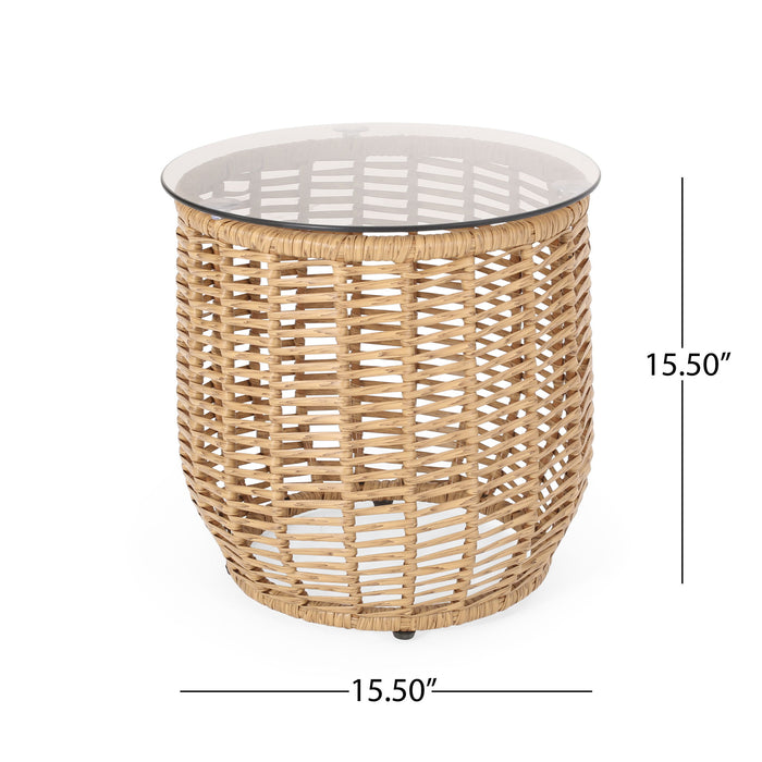 Boho Arias - Side Table With Tempered Glass Top And Rattan Wrap