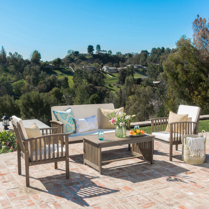 4 Piece Outdoor Chat Set With Water Resistant Cushion And Wood Frame - Cream / Gray