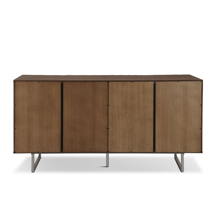 Modern Sculptural Sideboard, Ripple Doors, Adjustable Shelves, Metal Legs - Brown / Silver