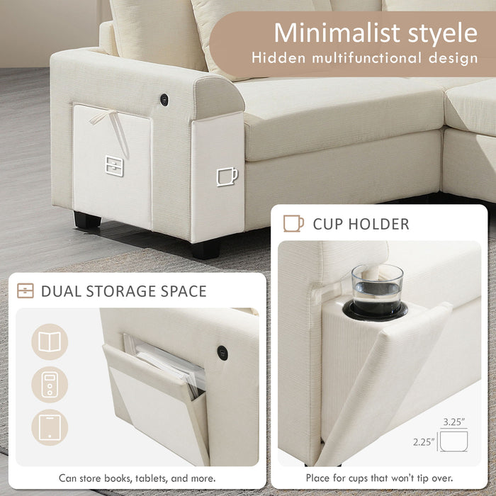 U Shaped Sectional Sofa 6 Seat Couch Set With Oversized Ottoman, Hidden Armrest Storage And Cup Holders USB Charging Ports Wide Seat Sofa