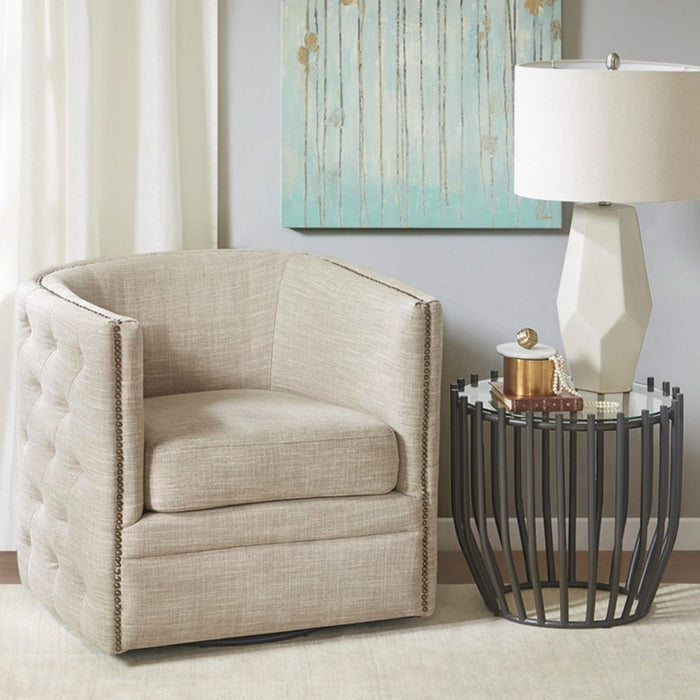 Swivel Chair With Tufted Barrel Design And Nailhead Accents