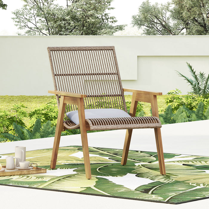 Acacia Wood Cape Woven Wicker Large Lounge Chair With Pillow For Patio, Deck, Yard, Lawn And Garden Seating Wicker (Set of 2) - Teak