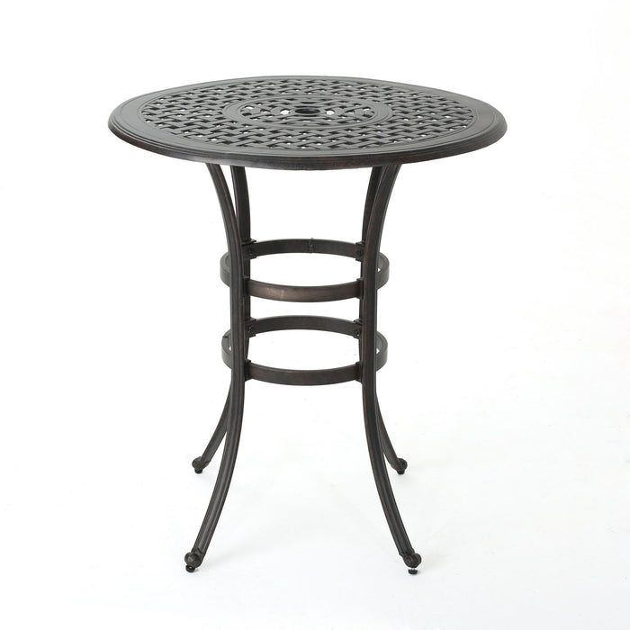 Traditional Style Cast Aluminum Bar Table With Lattice Design And Umbrella Holder - Bronze