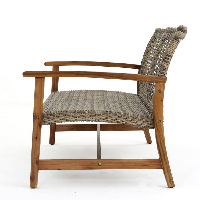 Outdoor Rattan Loveseat With Wooden Legs - Brown