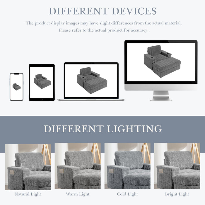 Oversized Chaise Lounge Indoor Rabbit Fur Sofa Bed With Storage Ottoman And Armrests Cup Holders With Deep Seat
