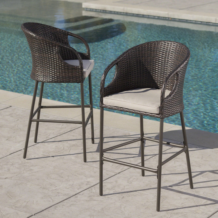 Outdoor 31" Rattan Barstools With Waterproof Cushions (Set of 2) - Multi Brown