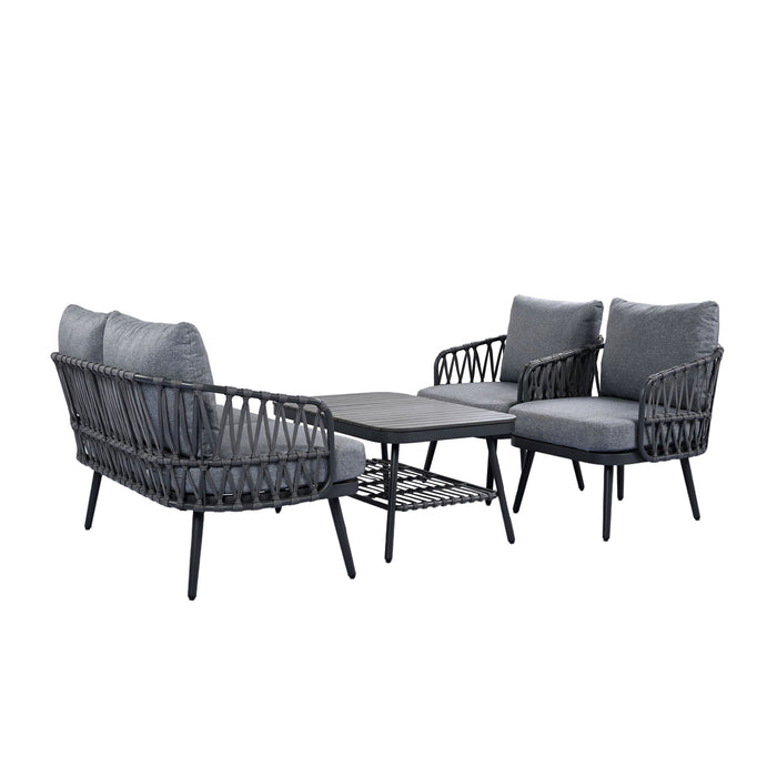4 Piece Outdoor Patio Furniture Set, Metal Chairs With Woven Rope U Shaped Backrest
