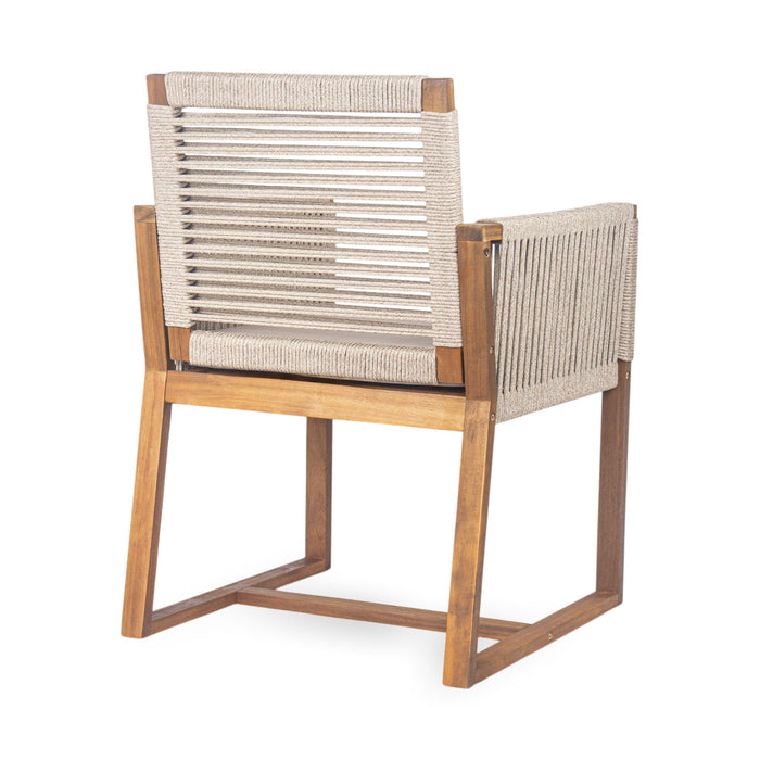 Acacia Wood Outdoor Dining Chairs (Set of 2) With Rope Design Back And Arms, Washable Cushion - Light Brown