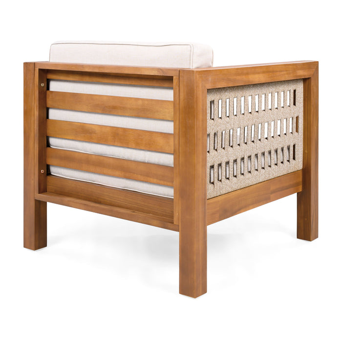 Outdoor Club Chair & Rope Arm And Cushions - Beige / Teak