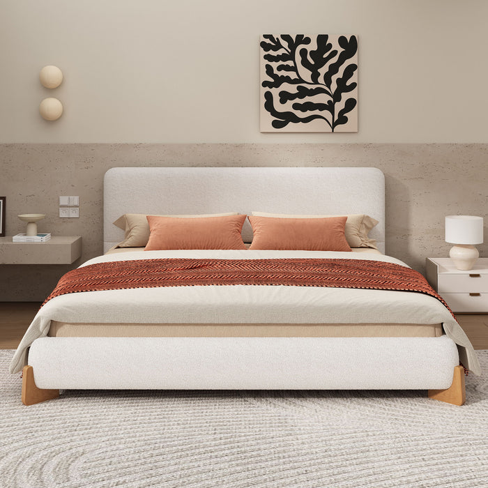 Elegant Boucle Upholstered Bed With Solid Wood Feet