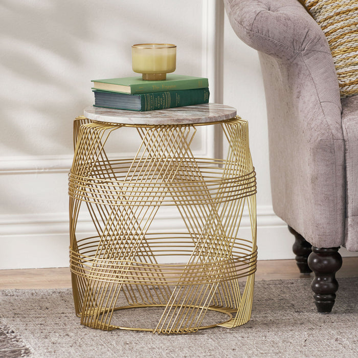 Round Table With Marble Top And Metal Base - Gold / Natural