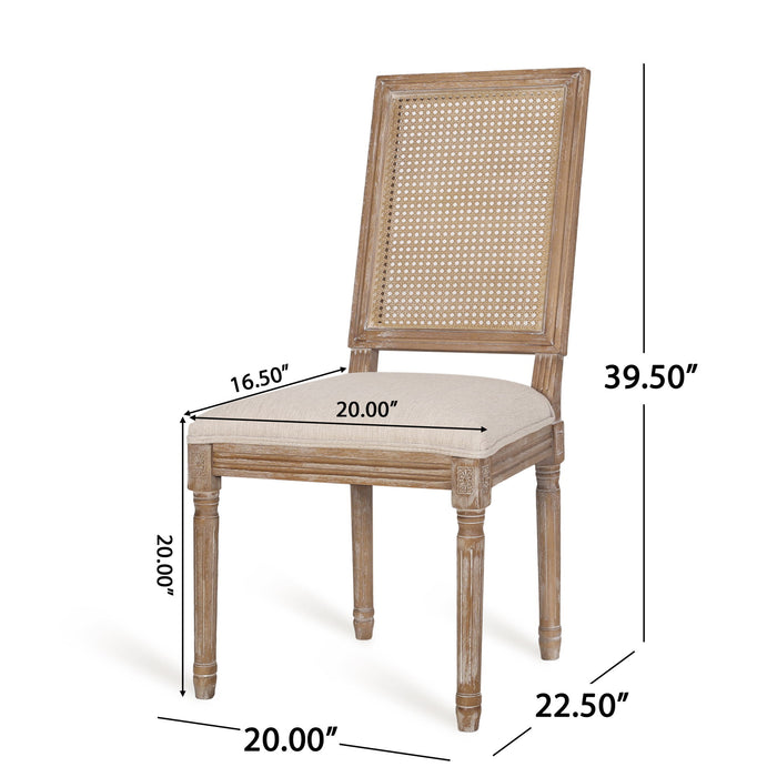 French Country Dining Chair With Rectangular Cane Backrest And Smooth Upholstered Seating