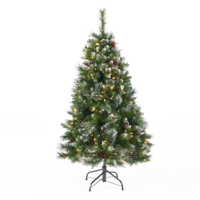 Glitter Bristle Mixed Hinged Tree With Berry And Pine Cones And 200 Cl, 407 Tips - Green