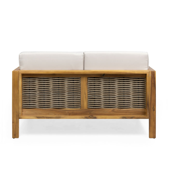 Outdoor 4 Seater Acacia Wood Chat Set With Wicker Accents And Cushions - Teak / Mixed Brown / Beige