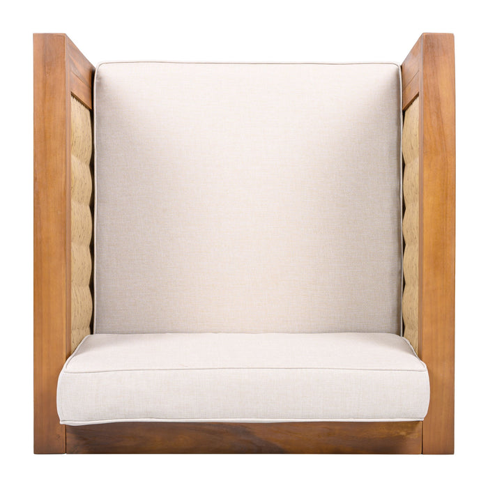 Outdoor Club Chair With Rope Arm And Cushions - Beige / Teak