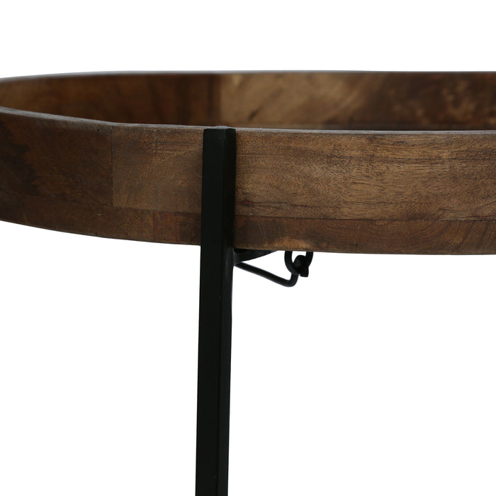 Modern Industrial Round End Table With Tray Top And Foldable Iron Legs - Natural
