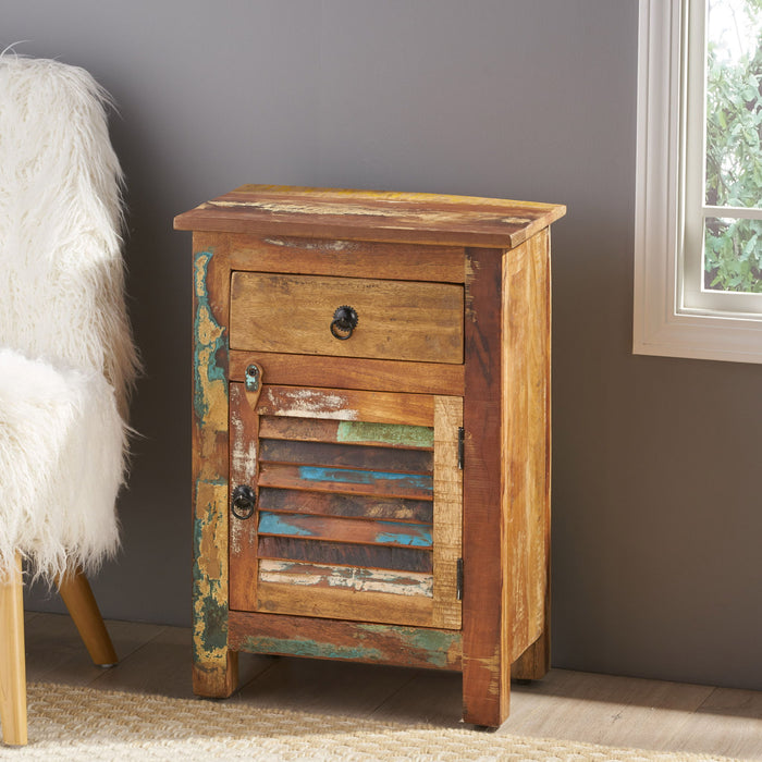 Recycled Wood Side Table With Drawer And Door - Natural