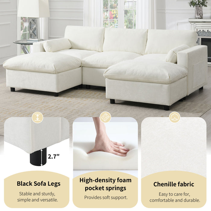 Modular Sectional With Storage Pockets, 5 Seat U Shaped Couch Set With Pillows, Free Combination Modern Cloud Sofa With 2 Movable Ottoman