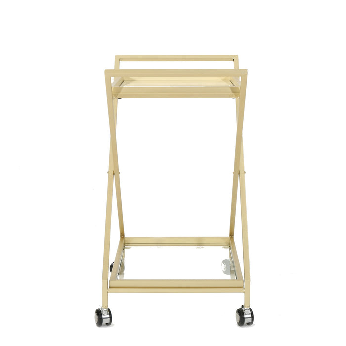 Sherianne - Industrial Bar Cart With Tempered Glass Shelves And Swivel Wheels - Gold