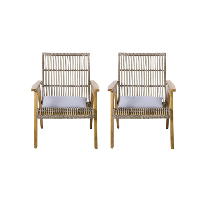 Acacia Wood Cape Woven Wicker Large Lounge Chair With Pillow For Patio, Deck, Yard, Lawn And Garden Seating Wicker (Set of 2) - Teak