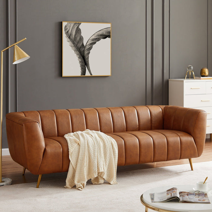 Ava - Genuine Italian Leather Channel Tufted Sofa - Gold / Tan