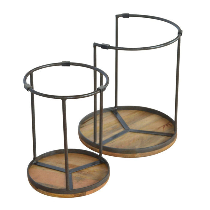 Round Stool Table With Iron Base (Set of 2) - Brown / Black