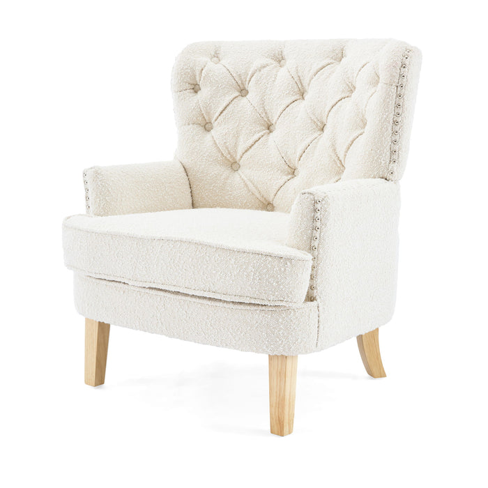 Vintage Style Club Chair, Granular Plush Fabric, Rubber Wood Legs - Almond