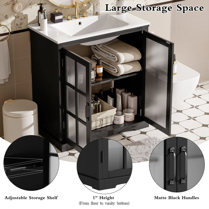 Modern Bathroom Vanity With Ceramic Sink, Tempered Blurred Glass Doors