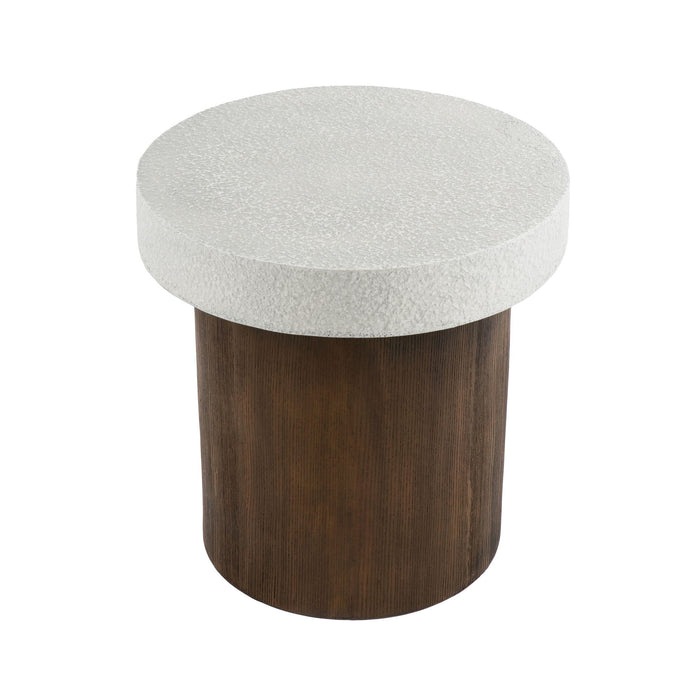 Mgo Cylindrical Side Table With Faux Stone Top And Wood Faux Base - Antique White / Natural
