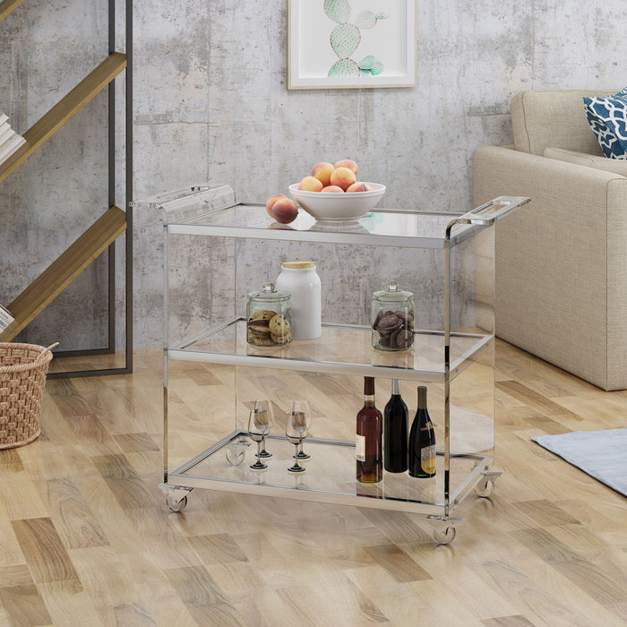 Elegant Acrylic Bar Cart With Tempered Glass Shelves And Rattan Metal Frame - Clear