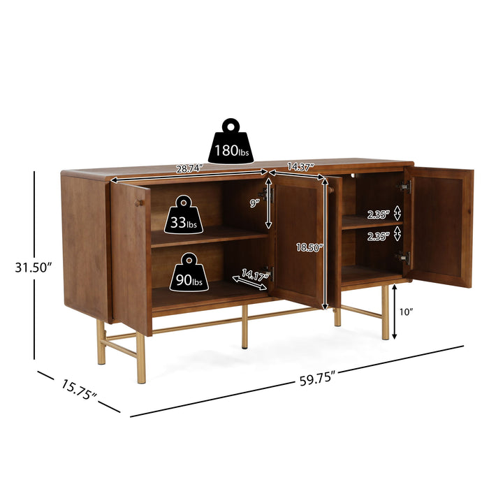 Modern Scandinavian 4 Door Sideboard Storage Cabinet With Adjustable Shelves - Brown / Gold