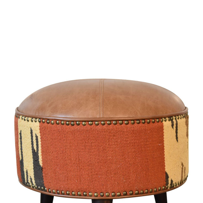 Durrie & Leather Mixed Footstool - Brown