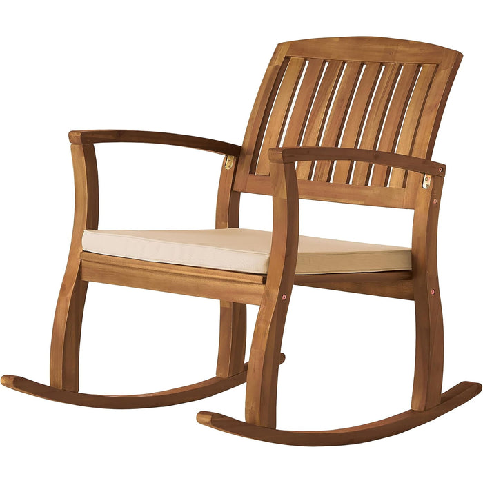 Acacia Wood Outdoor Patio Rocking Chair With Cushion (Set of 2) - Natural / Cream