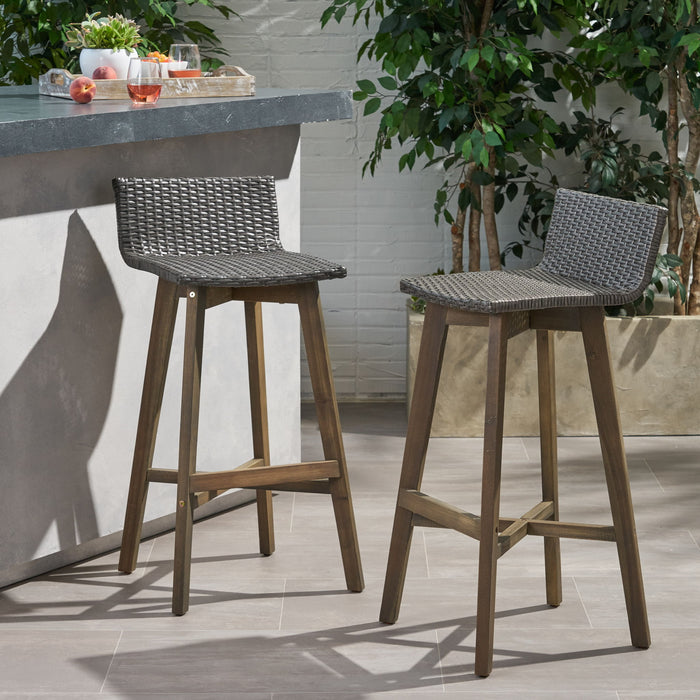 Equinox - Outdoor Barstool With Rattan Wicker Top And X Stretcher Frame (Set of 2)