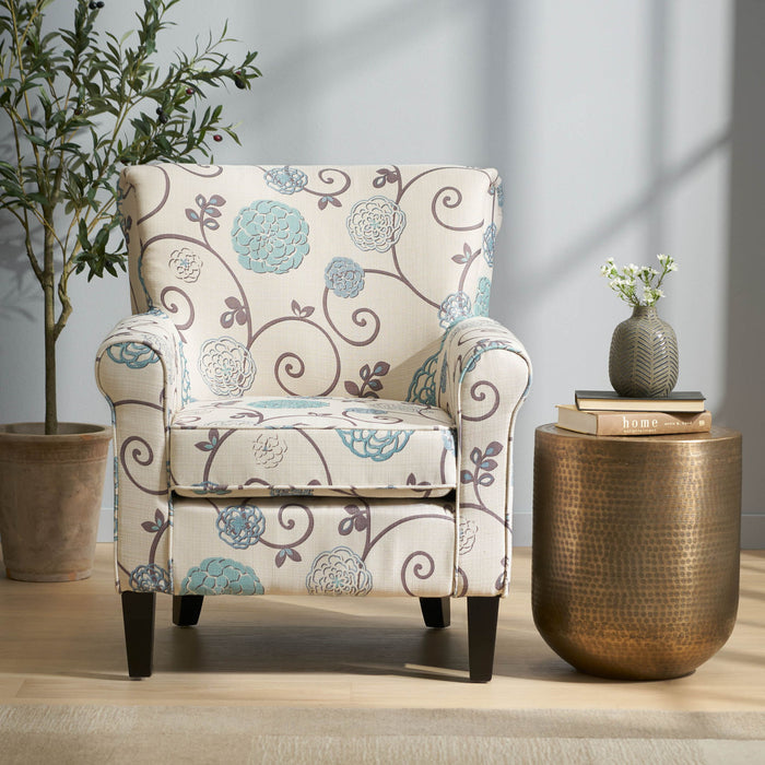 Upholstered Chair With Floral Pattern Design And Solid Wood Legs - Multi Color
