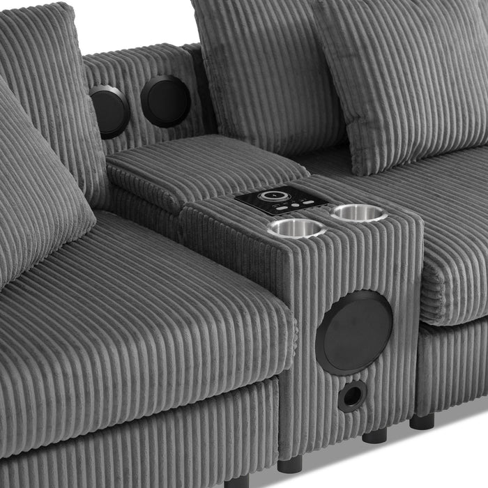Sectional With Bluetooth Speakers L Shaped Couch With Console USB Charger, Cup Holders Storage Ottoman Deep And Wide Seat Cloud Sofa