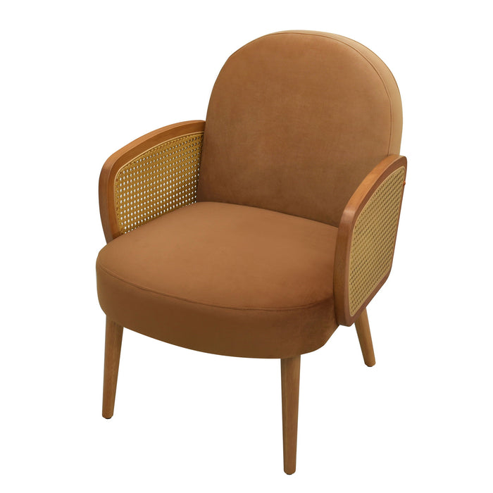 Accent Chair With Rattan Armrests And Wooden Legs Velvet For Living Room