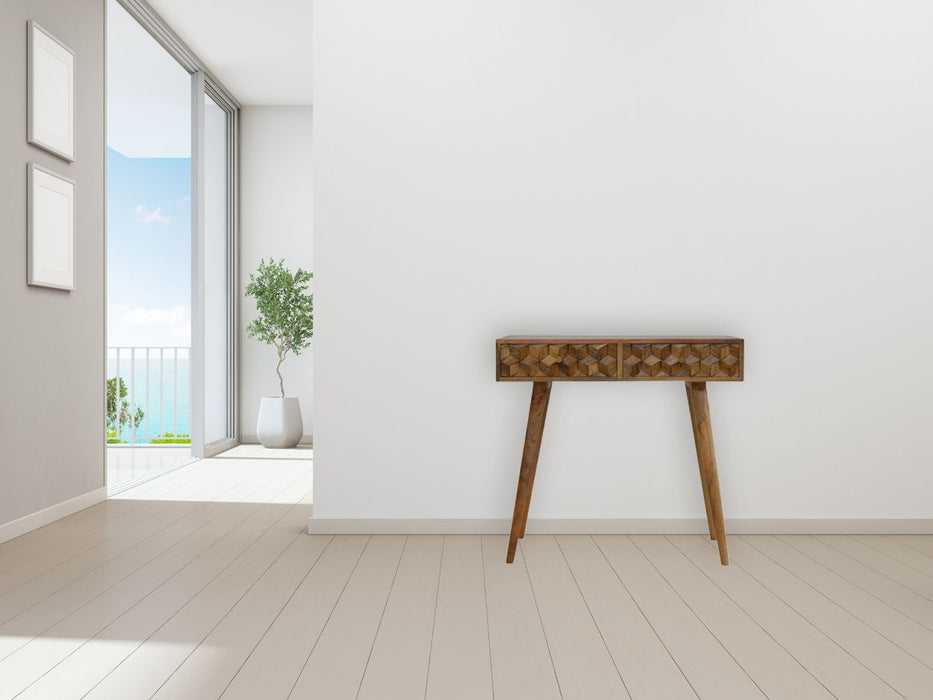 Cube Carved Console Table - Light Brown
