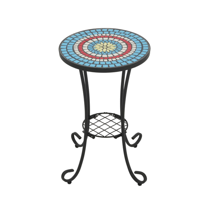 Ceramic Tile And Iron Patio Side Table With Shelf
