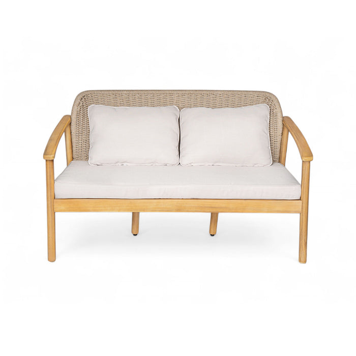 2 Piece Outdoor Acacia Wood Conversation Set, Woven Rope Backrest Patio Seating Group, Woven Rope With Coffee Table For Porch - Light Teak / Beige